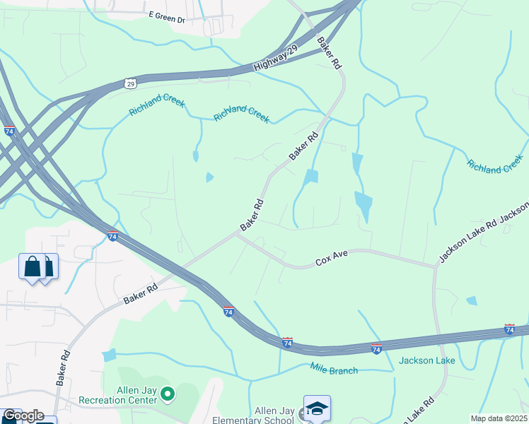 map of restaurants, bars, coffee shops, grocery stores, and more near 1702 Baker Road in High Point
