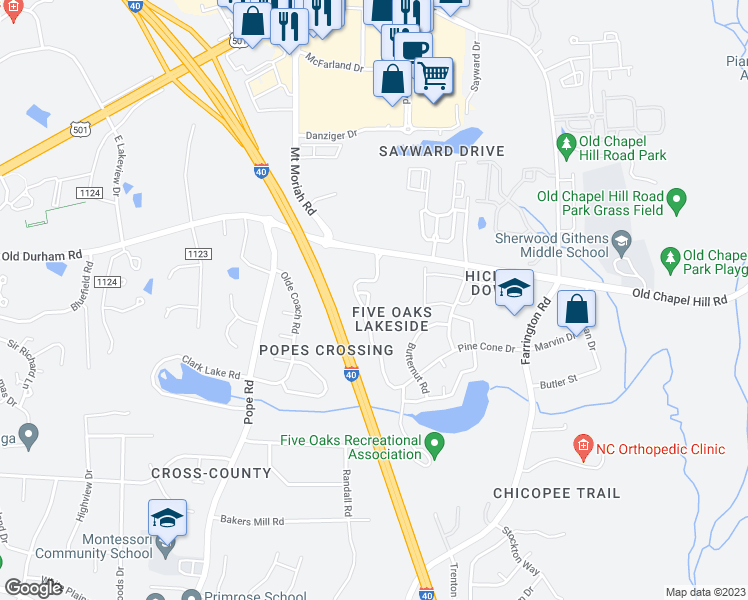 map of restaurants, bars, coffee shops, grocery stores, and more near 4205 Pin Oak Drive in Durham