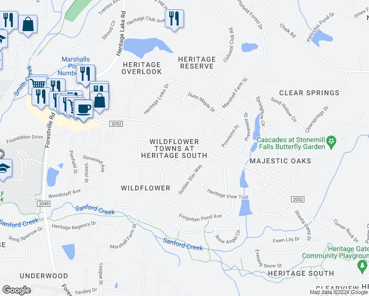 map of restaurants, bars, coffee shops, grocery stores, and more near 1121 Willowgrass Lane in Wake Forest