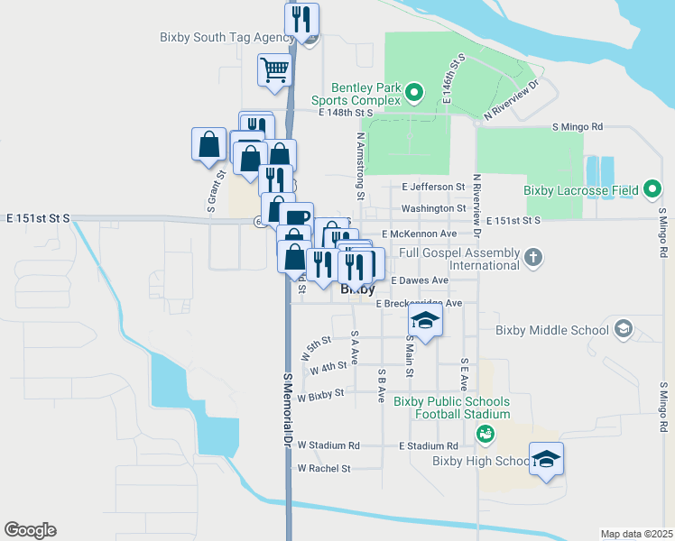map of restaurants, bars, coffee shops, grocery stores, and more near 105 North Cabaniss Avenue in Bixby