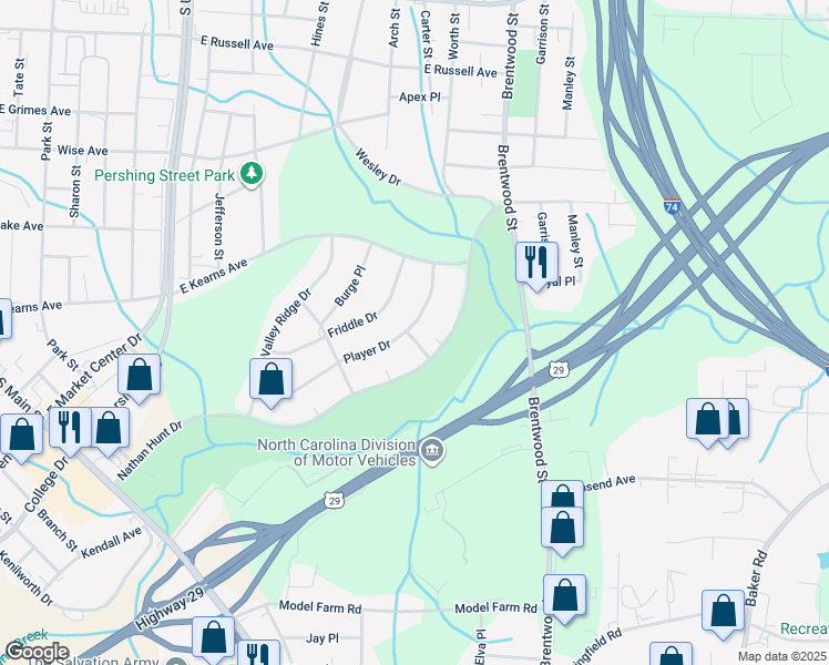 map of restaurants, bars, coffee shops, grocery stores, and more near 500 Player Drive in High Point