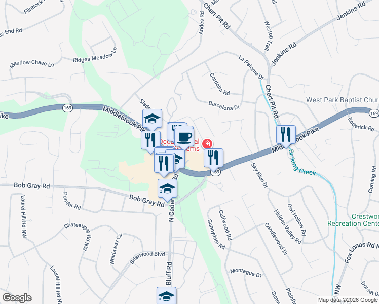 map of restaurants, bars, coffee shops, grocery stores, and more near 9209 Middlebrook Pike in Knoxville