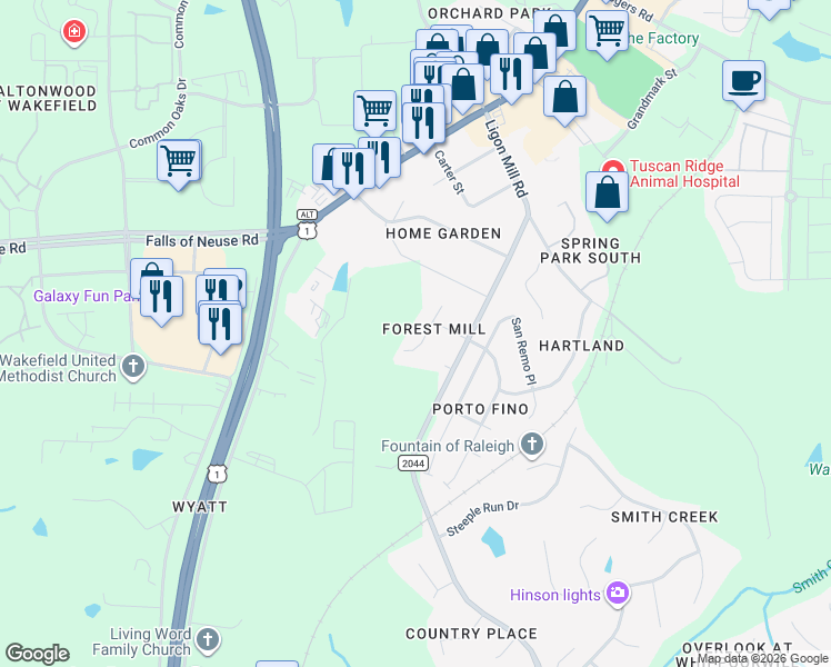 map of restaurants, bars, coffee shops, grocery stores, and more near 9831 Sovereign Way in Wake Forest