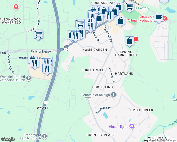 map of restaurants, bars, coffee shops, grocery stores, and more near 9827 Sovereign Way in Wake Forest