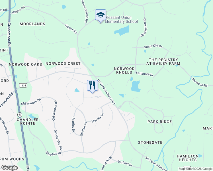 map of restaurants, bars, coffee shops, grocery stores, and more near 1328 Mount Vernon Church Road in Raleigh