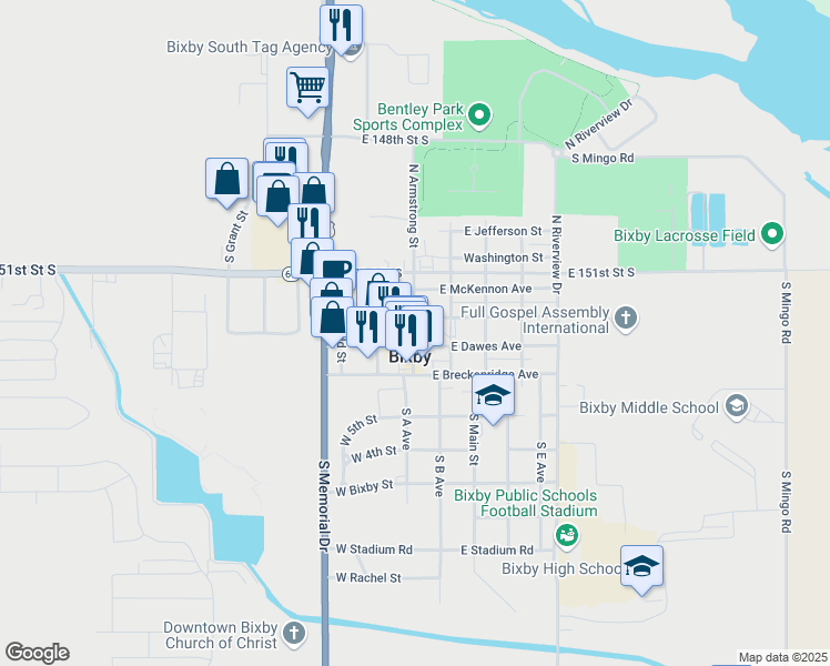 map of restaurants, bars, coffee shops, grocery stores, and more near 109 North Armstrong Street in Bixby