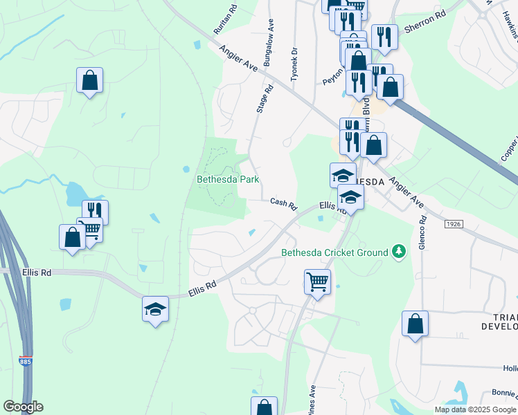 map of restaurants, bars, coffee shops, grocery stores, and more near 3900 Cash Road in Durham