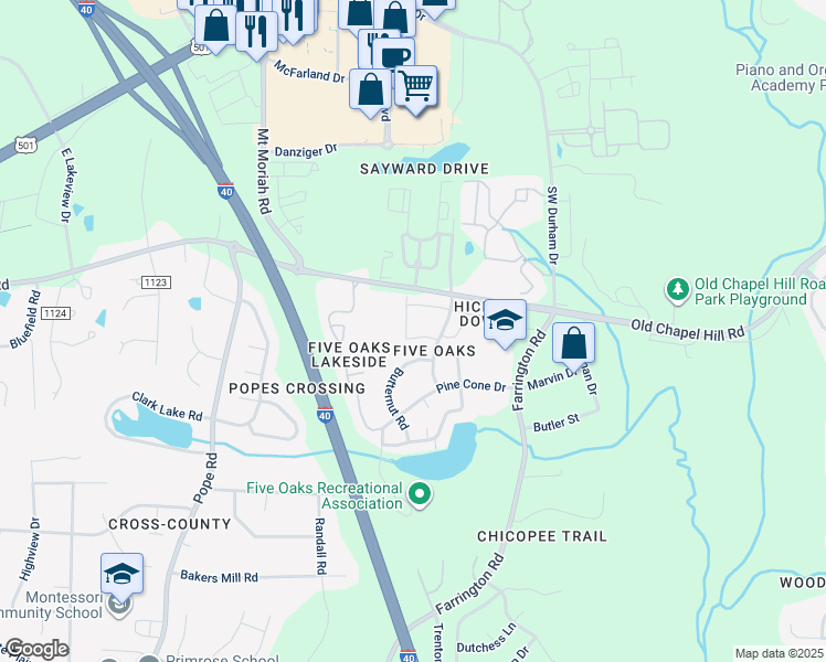 map of restaurants, bars, coffee shops, grocery stores, and more near 4100 Five Oaks Drive in Durham