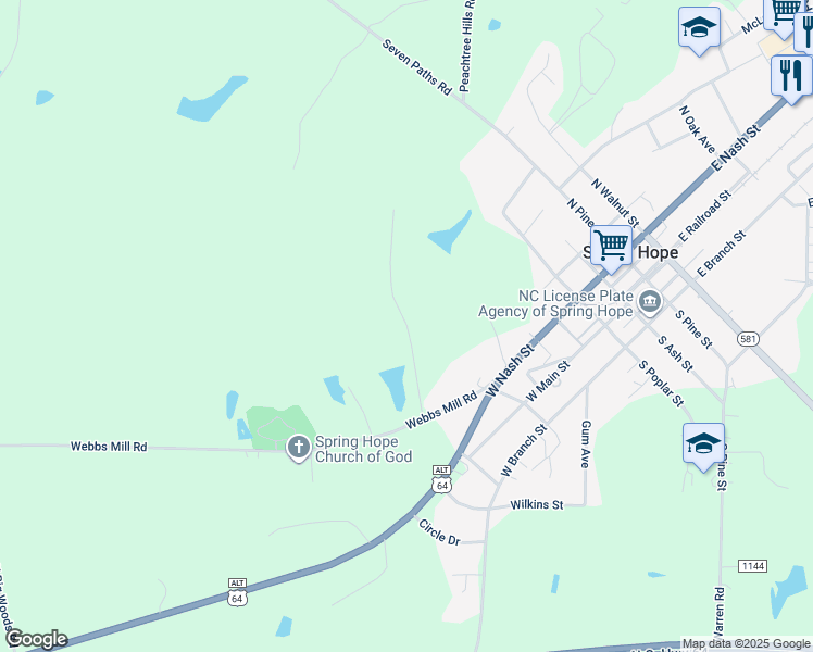 map of restaurants, bars, coffee shops, grocery stores, and more near Barbee Street in Spring Hope