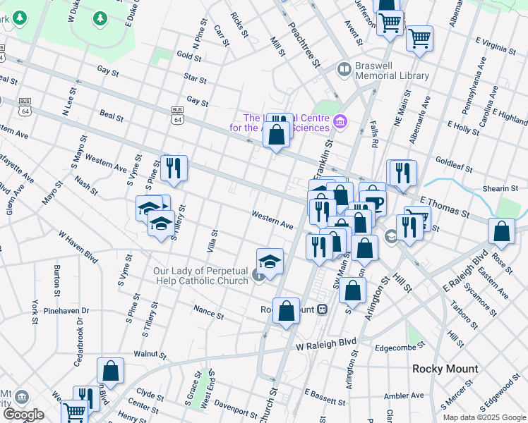 map of restaurants, bars, coffee shops, grocery stores, and more near 118 South Pearl Street in Rocky Mount