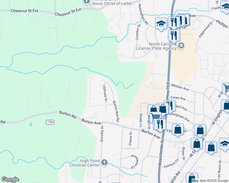 map of restaurants, bars, coffee shops, grocery stores, and more near 2140 Burton Run Road in High Point