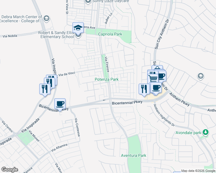 map of restaurants, bars, coffee shops, grocery stores, and more near 2360 Via Firenze in Henderson