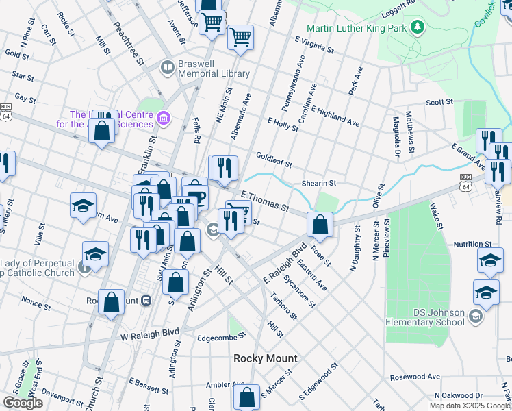 map of restaurants, bars, coffee shops, grocery stores, and more near 319 East Thomas Street in Rocky Mount