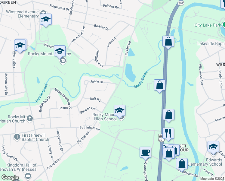 map of restaurants, bars, coffee shops, grocery stores, and more near 904 Old Mill Road in Rocky Mount