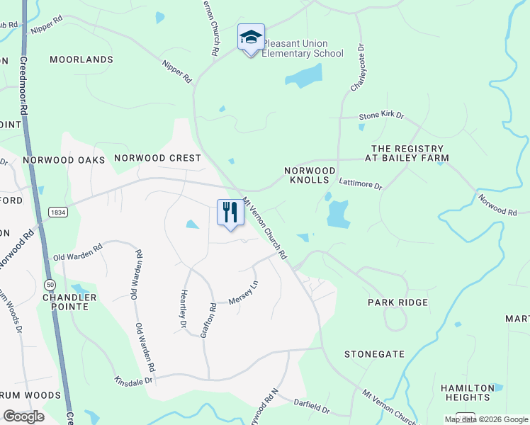 map of restaurants, bars, coffee shops, grocery stores, and more near 1328 Mount Vernon Church Road in Raleigh