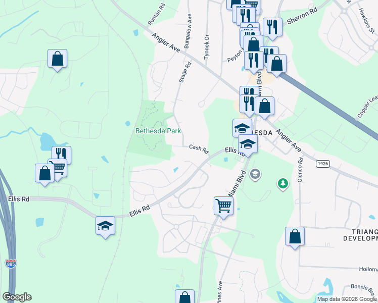 map of restaurants, bars, coffee shops, grocery stores, and more near 3912 Cash Road in Durham