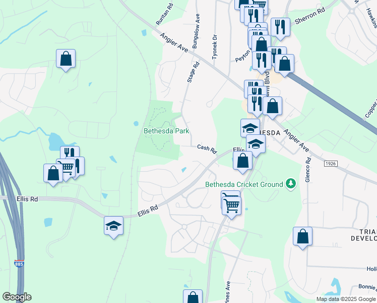 map of restaurants, bars, coffee shops, grocery stores, and more near 3900 Cash Road in Durham