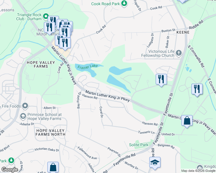 map of restaurants, bars, coffee shops, grocery stores, and more near 1105 Shoreside Drive in Durham