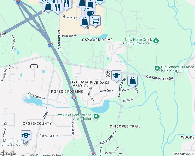 map of restaurants, bars, coffee shops, grocery stores, and more near 4100 Five Oaks Drive in Durham