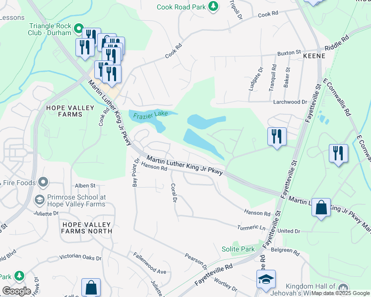 map of restaurants, bars, coffee shops, grocery stores, and more near 1105 Shoreside Drive in Durham
