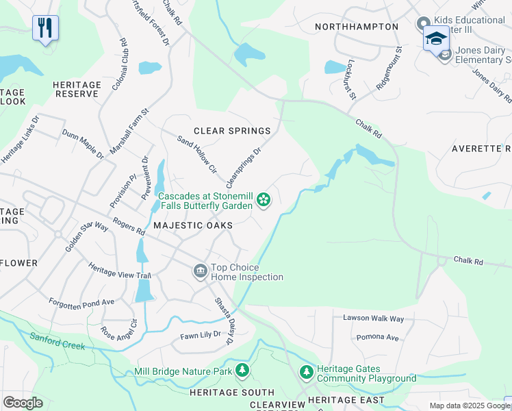 map of restaurants, bars, coffee shops, grocery stores, and more near 1424 Stonemill Falls Drive in Wake Forest