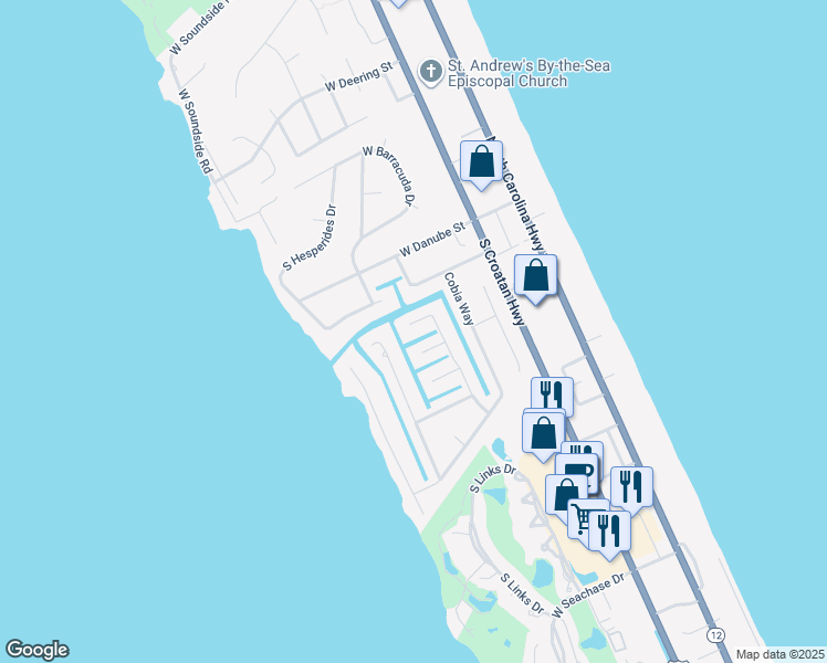 map of restaurants, bars, coffee shops, grocery stores, and more near 209 Tarpon Court in Nags Head