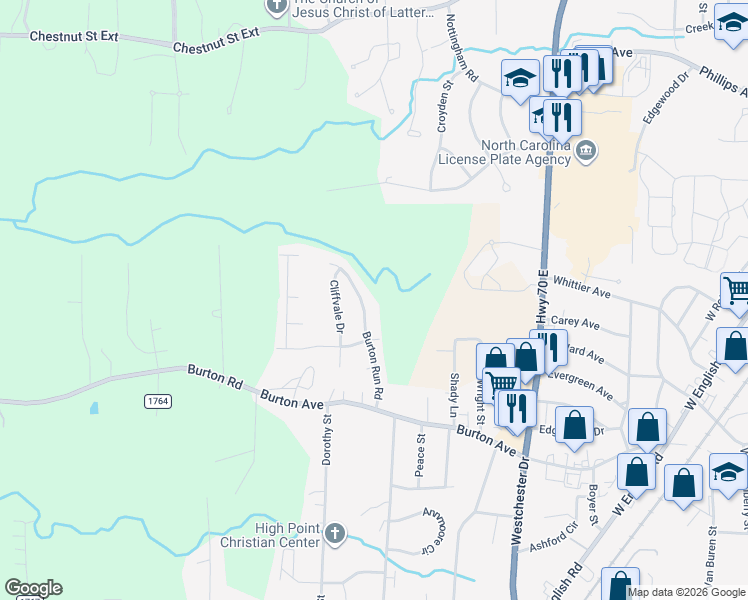 map of restaurants, bars, coffee shops, grocery stores, and more near 2140 Burton Run Road in High Point