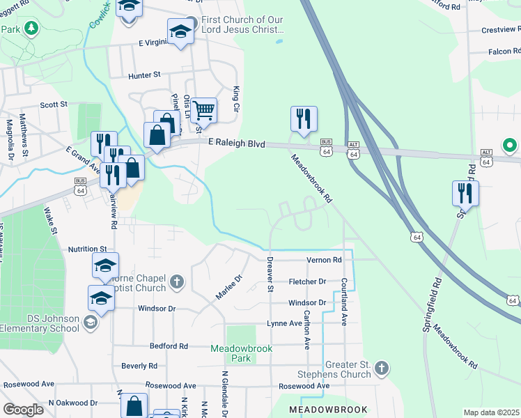 map of restaurants, bars, coffee shops, grocery stores, and more near 170 Glory Drive in Rocky Mount