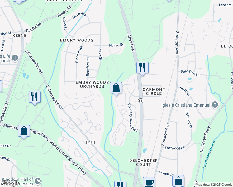 map of restaurants, bars, coffee shops, grocery stores, and more near 2726 Wyntercrest Lane in Durham