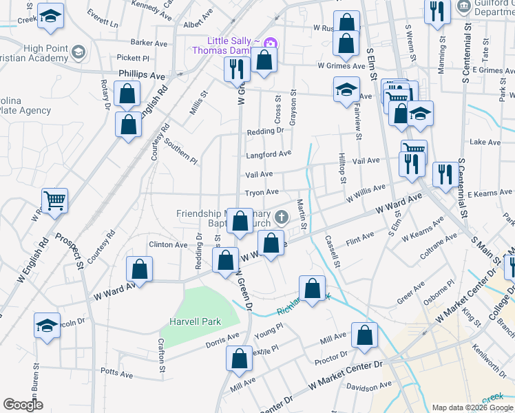 map of restaurants, bars, coffee shops, grocery stores, and more near 802 Cliffside Avenue in High Point