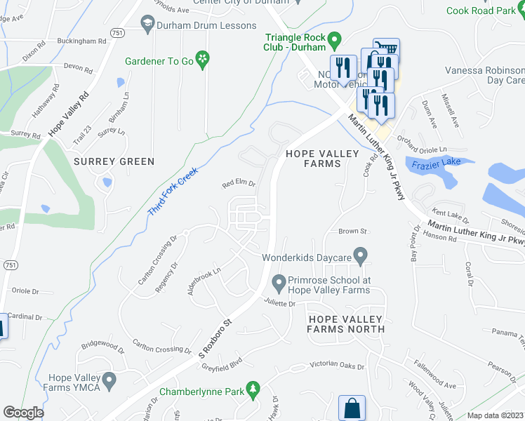 map of restaurants, bars, coffee shops, grocery stores, and more near 4306 Cherry Blossom Circle in Durham