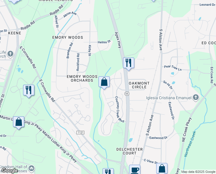 map of restaurants, bars, coffee shops, grocery stores, and more near 2715 Wyntercrest Lane in Durham