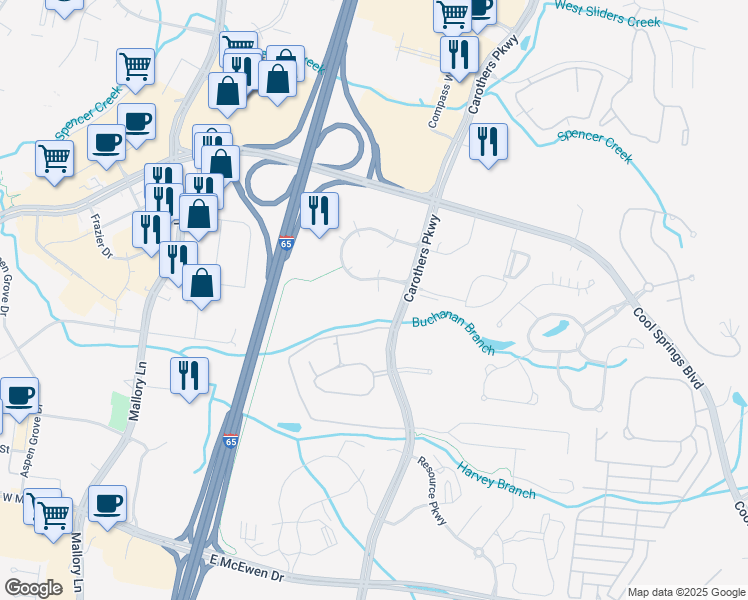 map of restaurants, bars, coffee shops, grocery stores, and more near 840 Crescent Centre Drive in Franklin