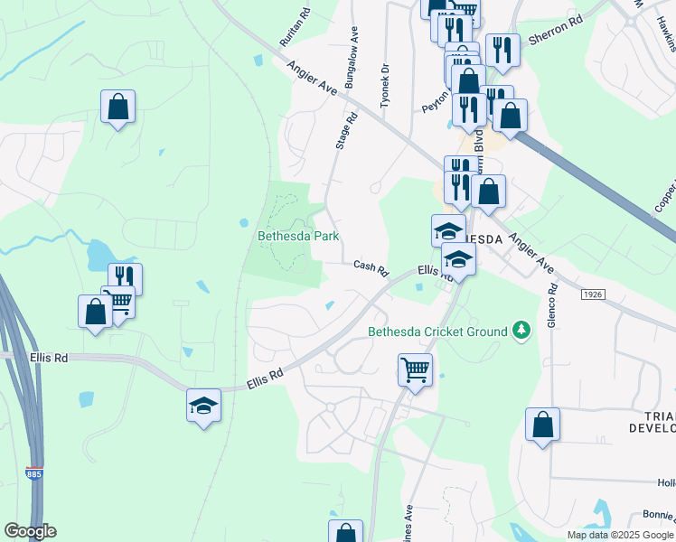 map of restaurants, bars, coffee shops, grocery stores, and more near 3900 Cash Road in Durham