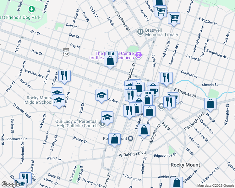 map of restaurants, bars, coffee shops, grocery stores, and more near 116 South Franklin Street in Rocky Mount