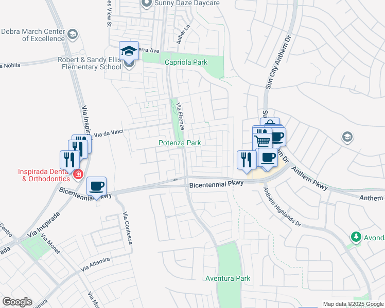 map of restaurants, bars, coffee shops, grocery stores, and more near 2369 Via Barranca in Henderson