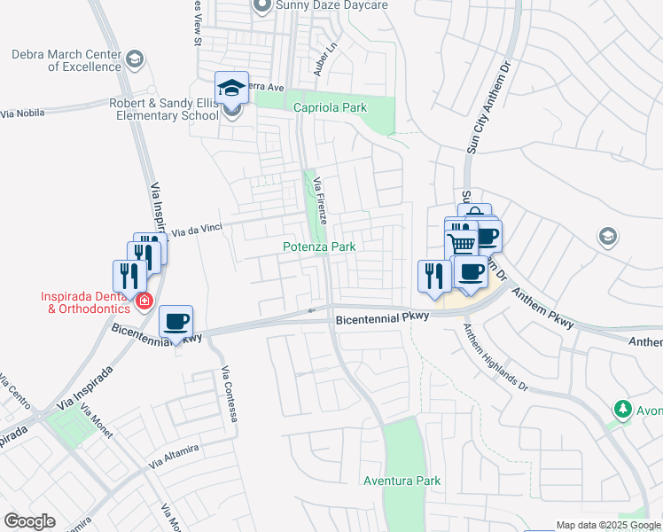 map of restaurants, bars, coffee shops, grocery stores, and more near 2360 Via Firenze in Henderson