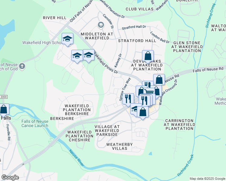 map of restaurants, bars, coffee shops, grocery stores, and more near 12103 Oakwood View Drive in Raleigh