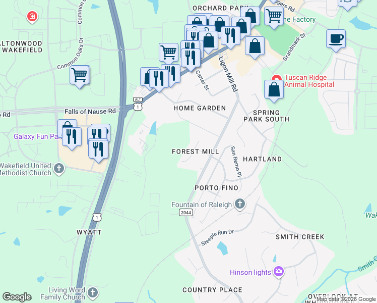 map of restaurants, bars, coffee shops, grocery stores, and more near 9831 Sovereign Way in Wake Forest