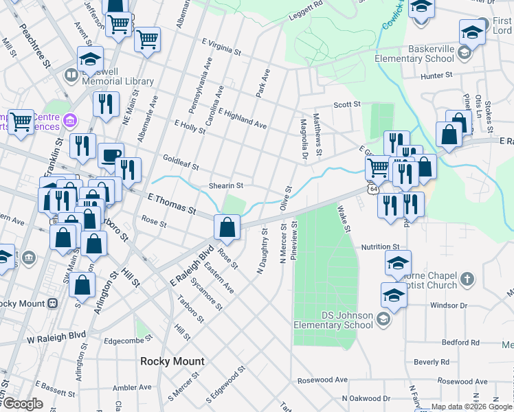 map of restaurants, bars, coffee shops, grocery stores, and more near in Rocky Mount