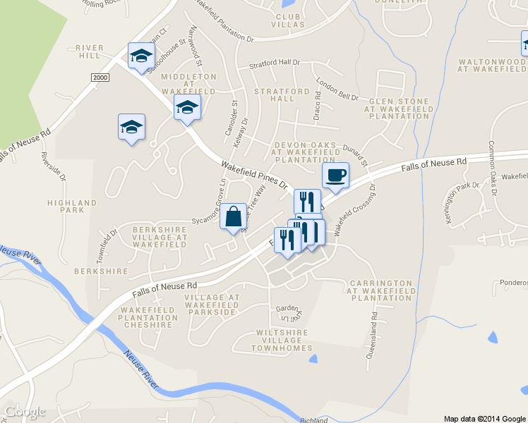 map of restaurants, bars, coffee shops, grocery stores, and more near 12800 Spruce Tree Way in Raleigh