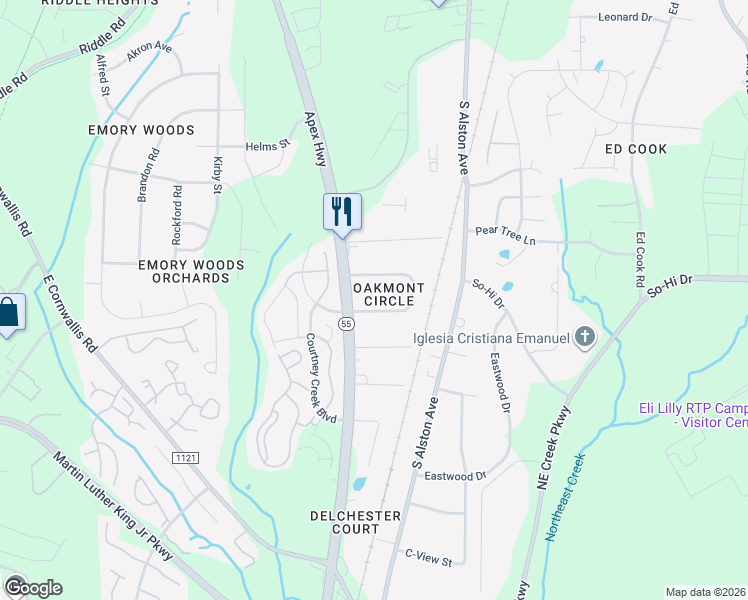 map of restaurants, bars, coffee shops, grocery stores, and more near 2700 North Carolina 55 in Durham