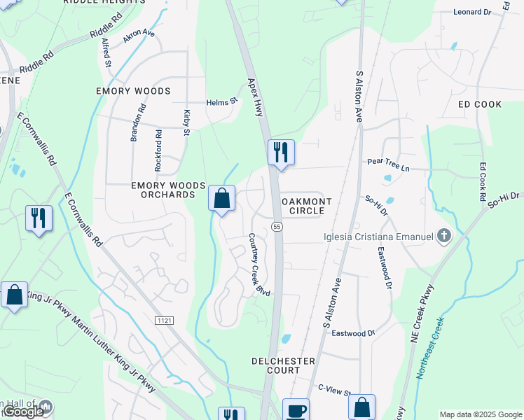 map of restaurants, bars, coffee shops, grocery stores, and more near 3010 Courtney Creek Boulevard in Durham