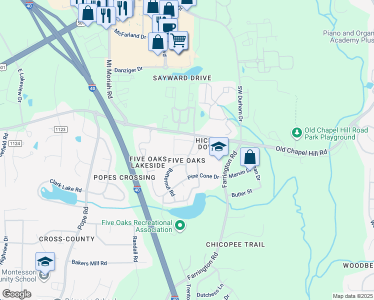 map of restaurants, bars, coffee shops, grocery stores, and more near 4100 Five Oaks Drive in Durham