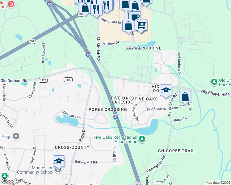 map of restaurants, bars, coffee shops, grocery stores, and more near 4125 Pin Oak Drive in Durham