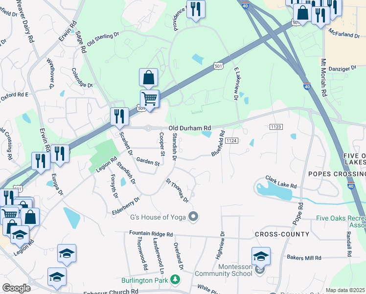 map of restaurants, bars, coffee shops, grocery stores, and more near 322 Standish Drive in Chapel Hill