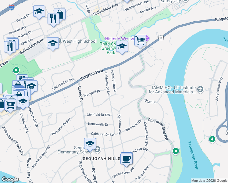 map of restaurants, bars, coffee shops, grocery stores, and more near 500 Oakhurst Drive Southwest in Knoxville