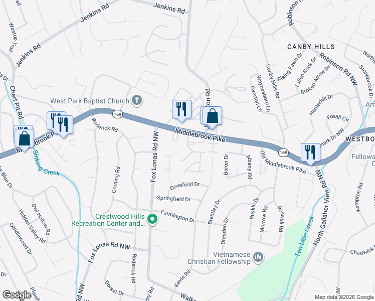 map of restaurants, bars, coffee shops, grocery stores, and more near 8634 Sunpoint Road in Knoxville