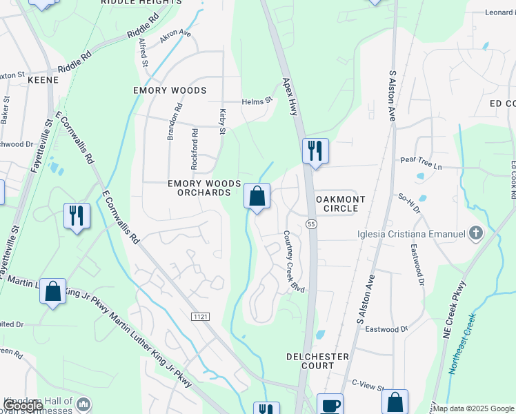 map of restaurants, bars, coffee shops, grocery stores, and more near 2724 Wyntercrest Lane in Durham