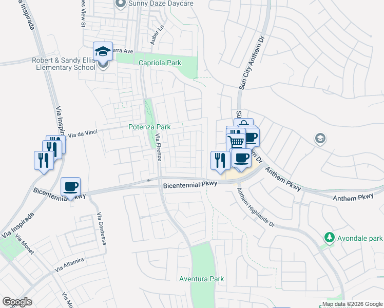 map of restaurants, bars, coffee shops, grocery stores, and more near 2361 Via Alicante in Henderson